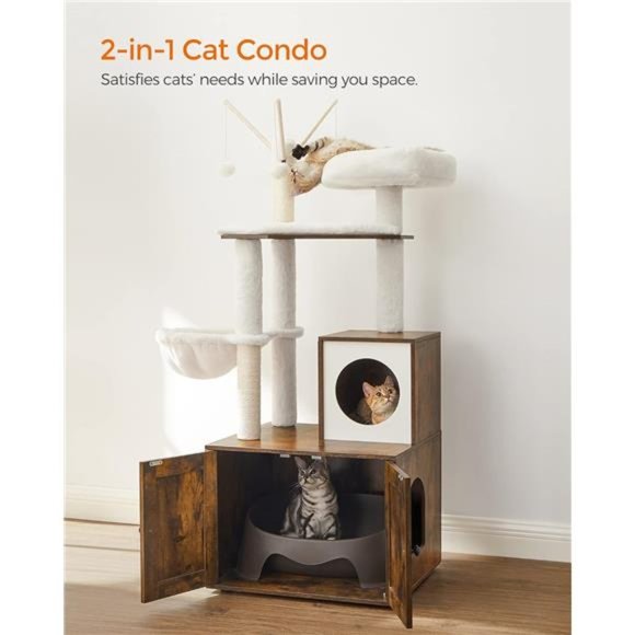 2-in-1 Modern Tower Cat Condo Cat Tree with Litter Box Enclosure, Rustic Brown - Picture 2 of 8